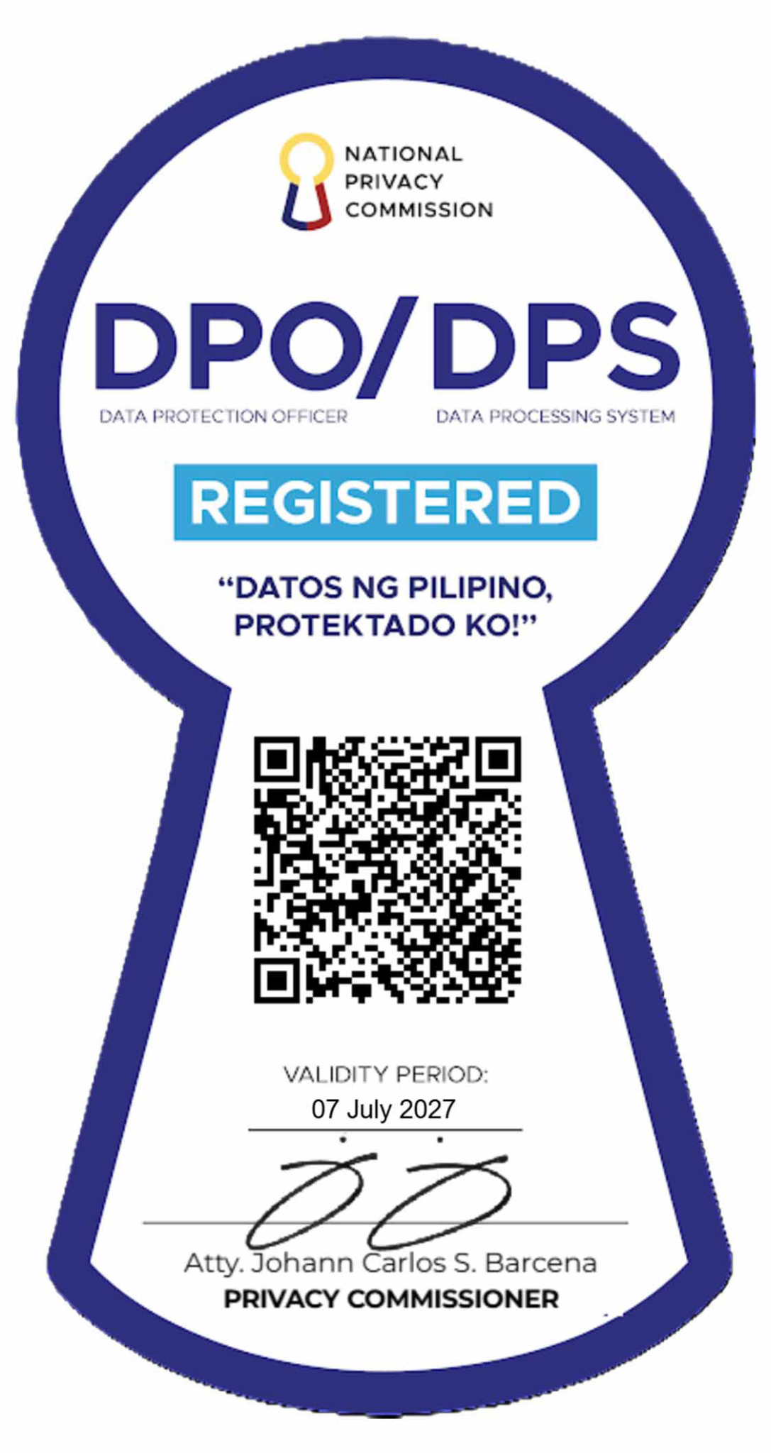 National Privacy Commission DPO/DPS registration badge, validity date July 7 2027